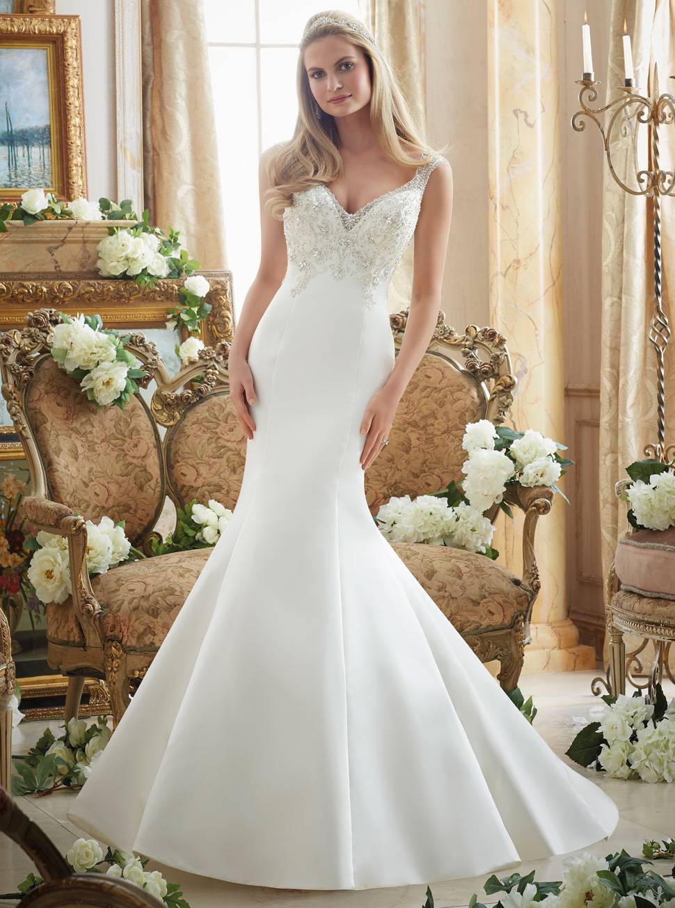 欧式缎面鱼尾婚纱定制新款双肩长拖尾婚纱批发定做HS9347