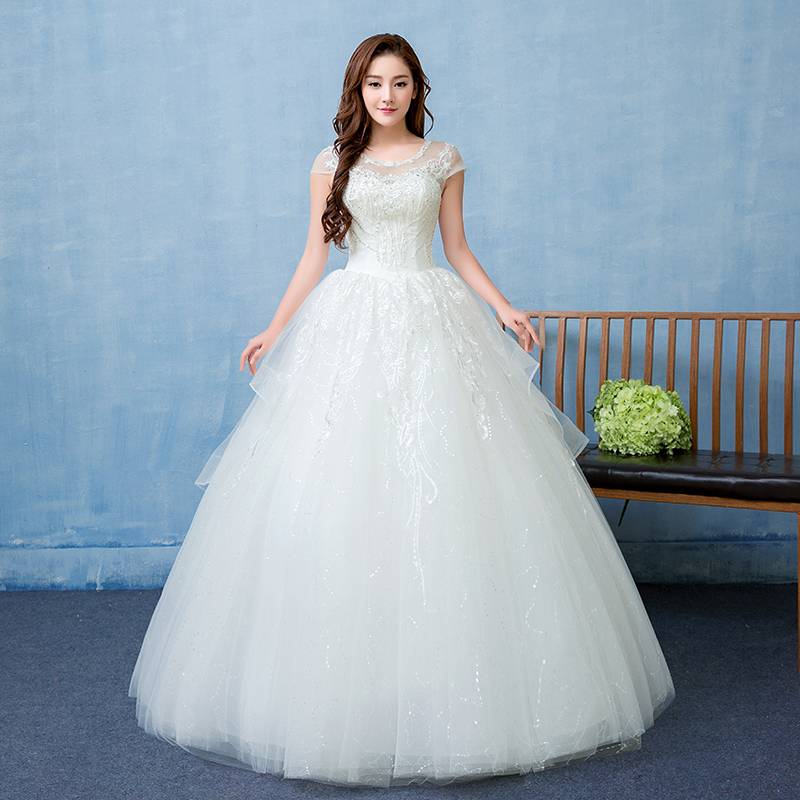 韩版蓬蓬裙婚纱礼服新款圆领细带齐地婚纱批发HB0005