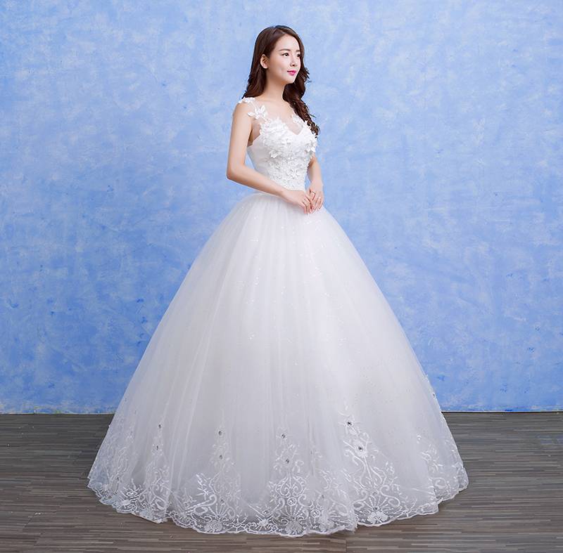绑带婚纱定制新款韩版蓬蓬裙公主式蕾丝圆领婚纱礼服HB0008