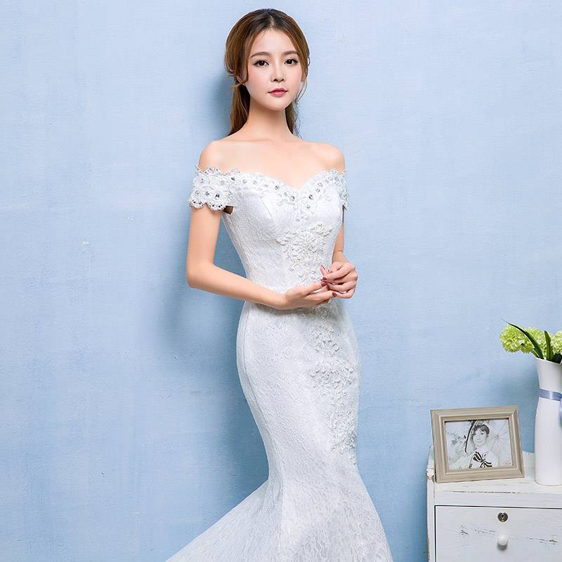 新款韩版包臀鱼尾婚纱礼服卡肩式一字肩婚纱定做HB0011