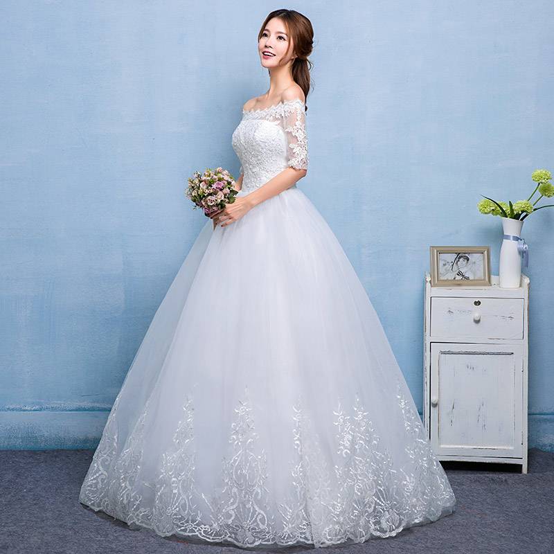 新款韩版婚纱定制批发一字肩蕾丝花边公主型婚纱HB0014