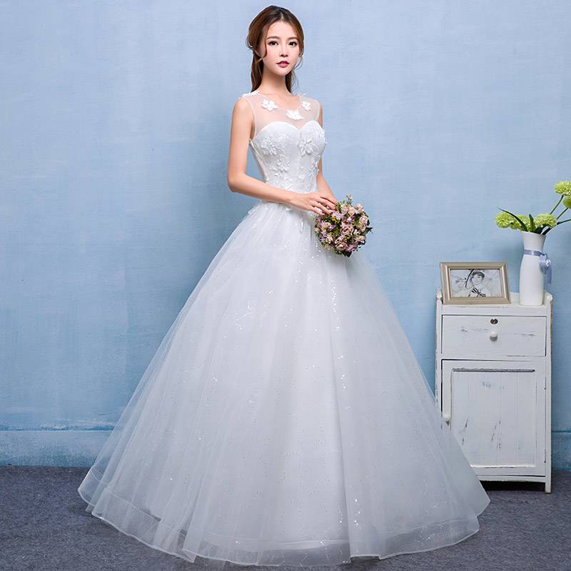 齐地婚纱定做新款韩式花边韩版白纱圆领婚纱礼服批发HB0015