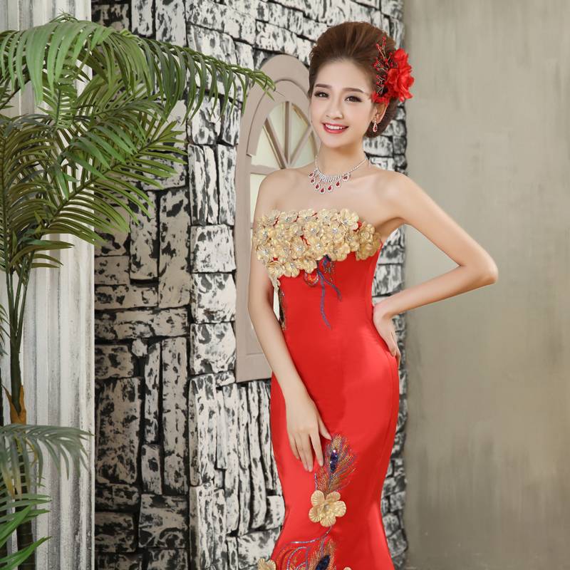大红色伴娘礼服定做新款韩版缎面抹胸新娘婚礼晚礼服LIFU005