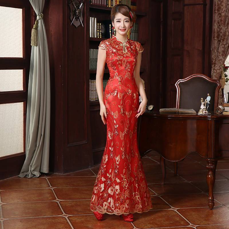 鱼尾长旗袍新娘婚礼伴娘长款礼服水滴领短袖旗袍定制QP014